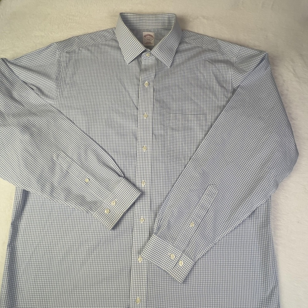 Brooks Brothers Dress Shirt Mens 17 Blue Check Non Iron Long Sleeve Cotton - Picture 2 of 8